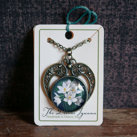 Valentine's or Mother's Day Limited Edition Heart and Paperwhite Narcissus Pendant Necklace