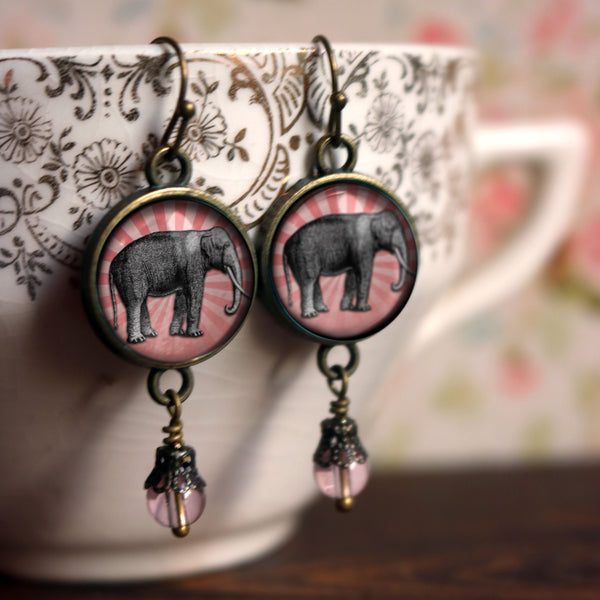 Pink Elephant Vintage Inspired Drop / Dangle Earrings