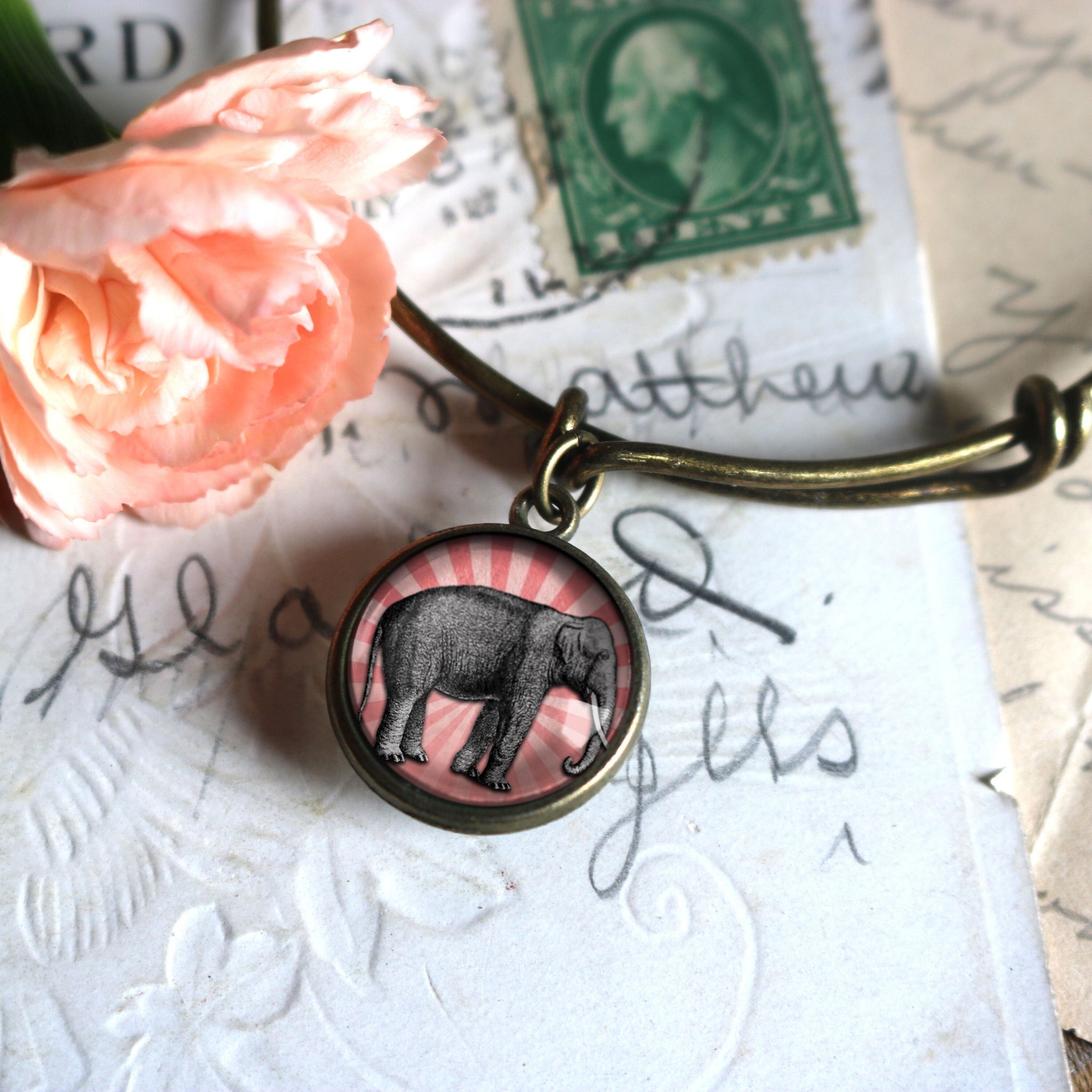 Pink Elephant Adjustable Charm Bracelet / Bangle in Antique Brass