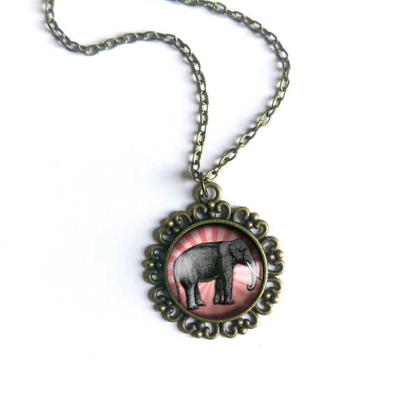 Victorian Elephant Large Pendant Necklace in Ornate Frame