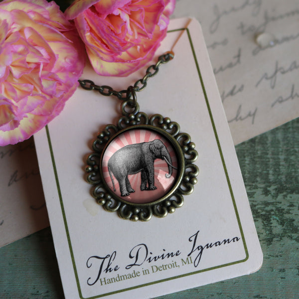 Victorian Elephant Large Pendant Necklace in Ornate Frame