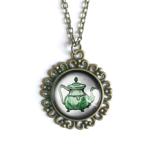 Green Victorian Teapot Large Pendant Necklace in Ornate Frame