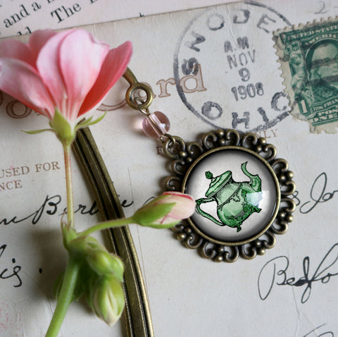 Green Teapot Glass Cabochon Brass Book Hook / Bookmark