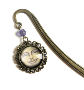 Man in the Moon Glass Cabochon Brass Book Hook / Bookmark