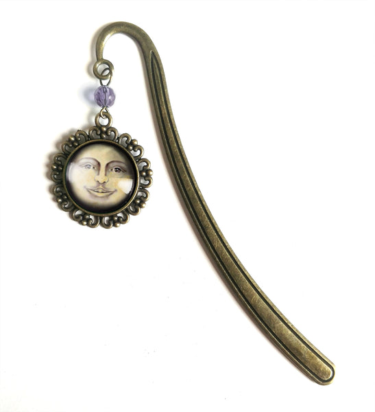 Man in the Moon Glass Cabochon Brass Book Hook / Bookmark