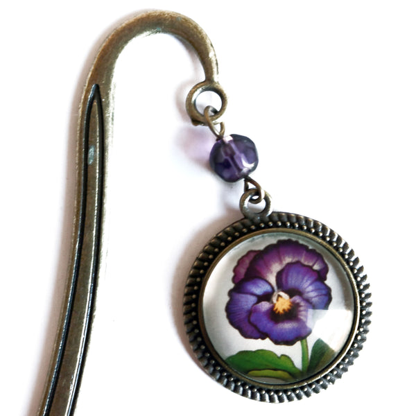 Purple Pansy Flower Glass Cabochon Brass Book Hook / Bookmark