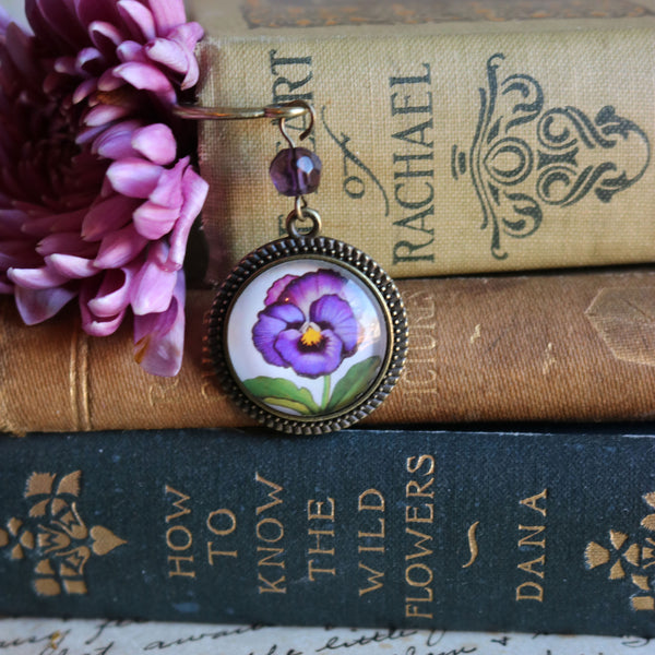 Purple Pansy Flower Glass Cabochon Brass Book Hook / Bookmark