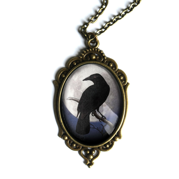 Moonlit Raven Ornate Oval Pendant Neckalce