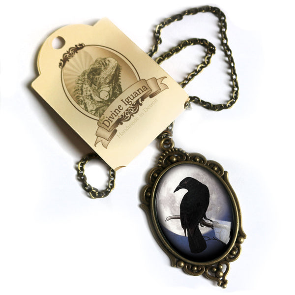 Moonlit Raven Ornate Oval Pendant Neckalce