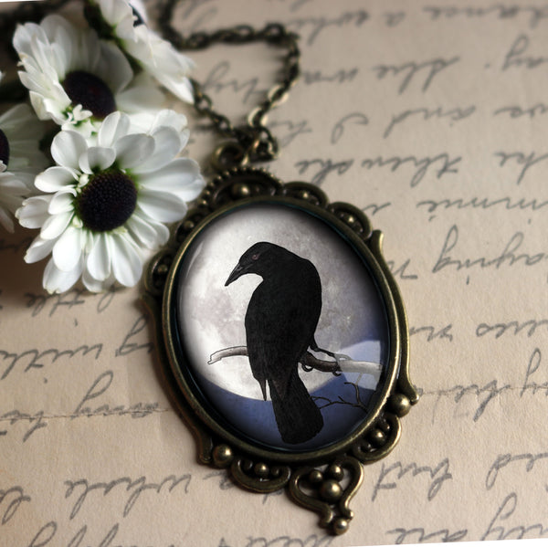 Moonlit Raven Ornate Oval Pendant Neckalce