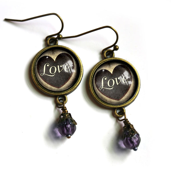 CLEARANCE Elegant Script Love Heart Valentine's Day Vintage Inspired Drop / Dangle Earrings