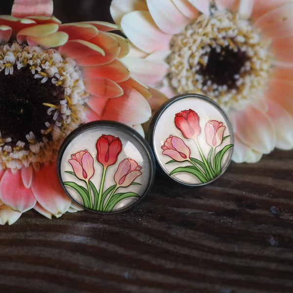 Spring Tulip Glass Cabochon Stud Earrings