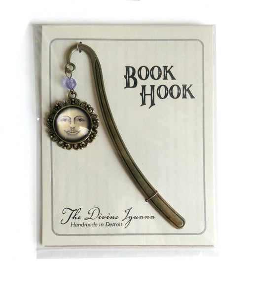 Man in the Moon Glass Cabochon Brass Book Hook / Bookmark