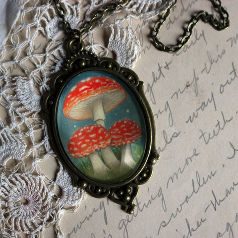 Moonlit Mushrooms Ornate Oval Pendant Necklace