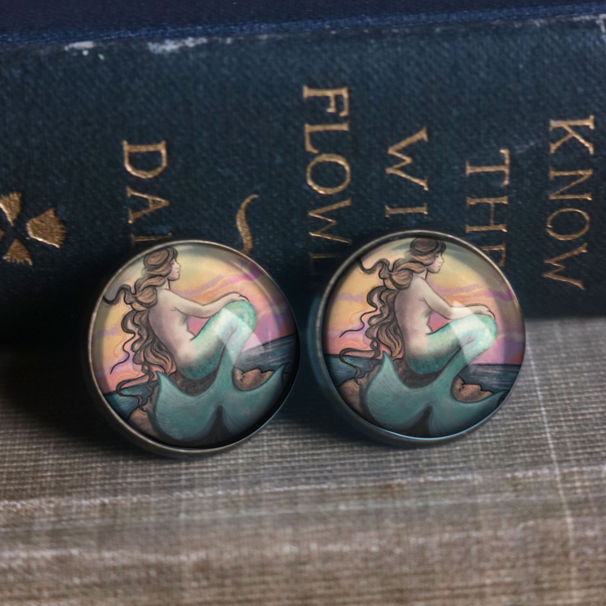 Mermaid on a Sunset Beach Fairytale Inspired Glass Cabochon Stud Earrings