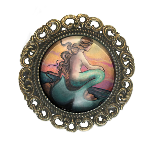 Sunset Mermaid on Beach Ornate Glass Cabochon and Brass Brooch