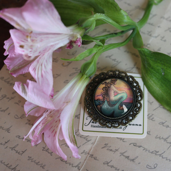 Sunset Mermaid on Beach Ornate Glass Cabochon and Brass Brooch