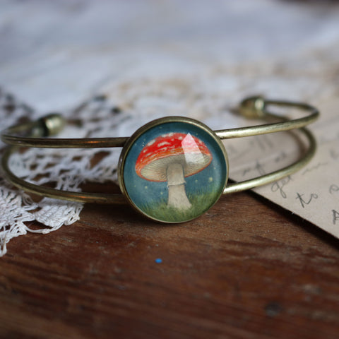 Moonlit Mushroom Amanita Cottage Core Glass Cabochon Cuff Bracelet