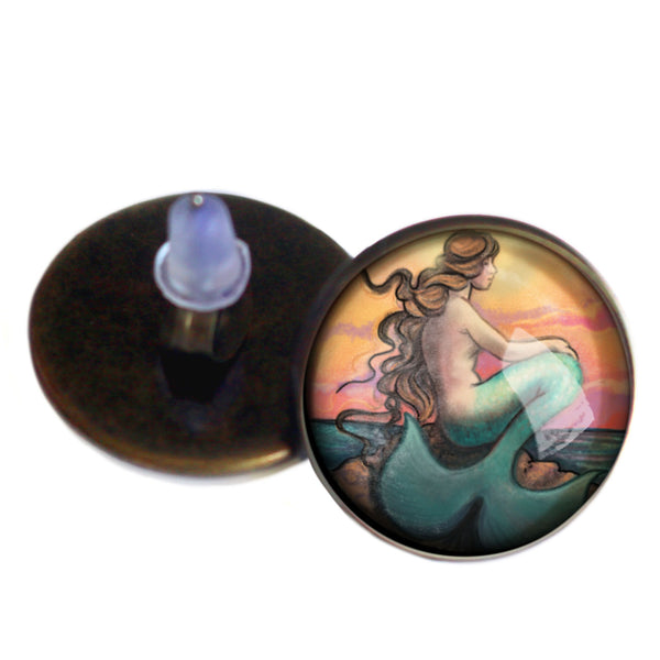 Mermaid on a Sunset Beach Fairytale Inspired Glass Cabochon Stud Earrings