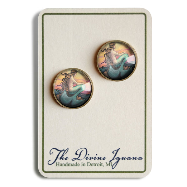 Mermaid on a Sunset Beach Fairytale Inspired Glass Cabochon Stud Earrings