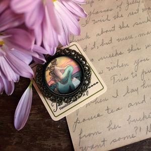 Sunset Mermaid on Beach Ornate Glass Cabochon and Brass Brooch