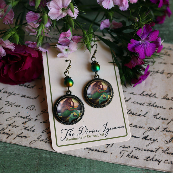 Mermaid with Green Tail  Vintage Inspired Drop / Dangle Earrings