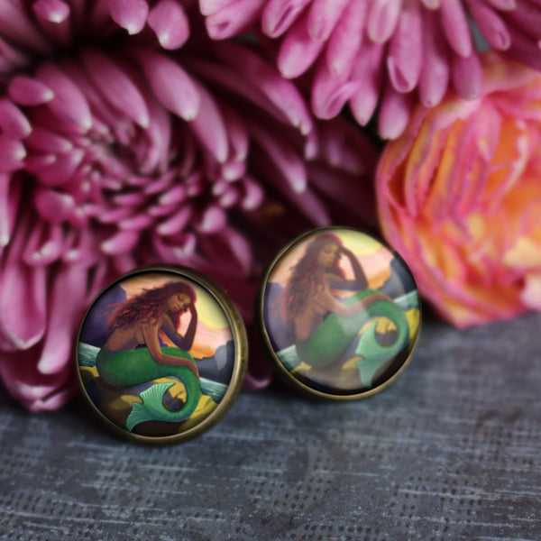 Mermaid with Green Tail Fairytale Inspired Glass Cabochon Stud Earrings