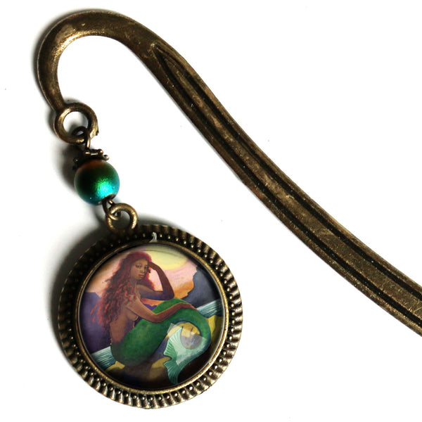 Mermaid with Green Tail Fairytale Inspired Glass Cabochon Brass Book Hook / Bookmark