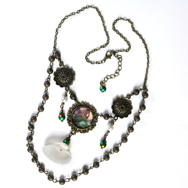 Mermaid with Green Tail Boho Bib Necklace with Shell Accent