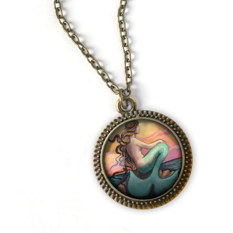 Sunset Mermaid Reversed Decoupage Glass Cabochon Pendant Necklace in Bronze Bezel