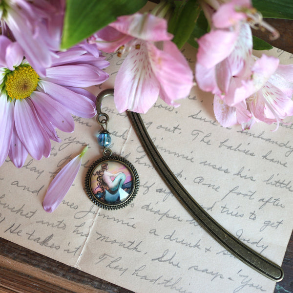 Sunset Mermaid Glass Cabochon Brass Book Hook / Bookmark