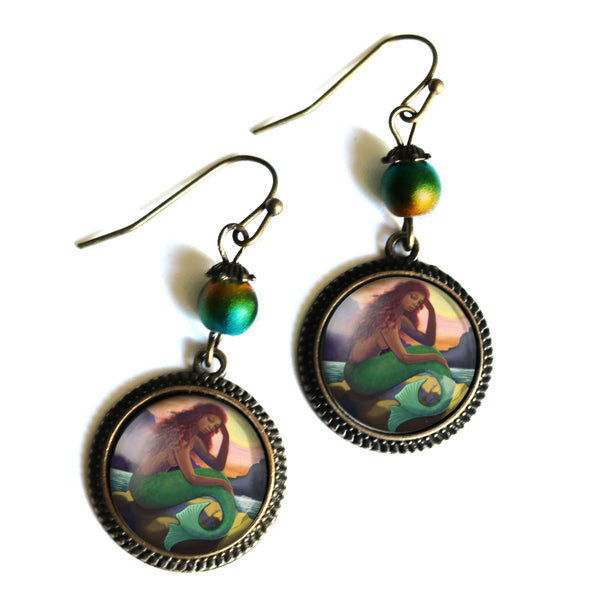 Mermaid with Green Tail  Vintage Inspired Drop / Dangle Earrings