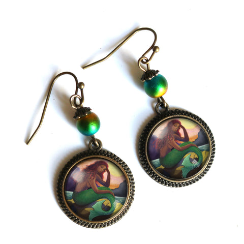 Mermaid with Green Tail  Vintage Inspired Drop / Dangle Earrings