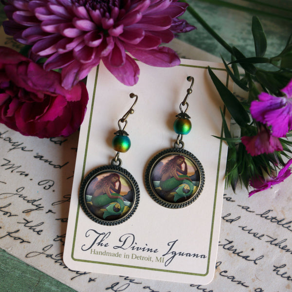 Mermaid with Green Tail  Vintage Inspired Drop / Dangle Earrings