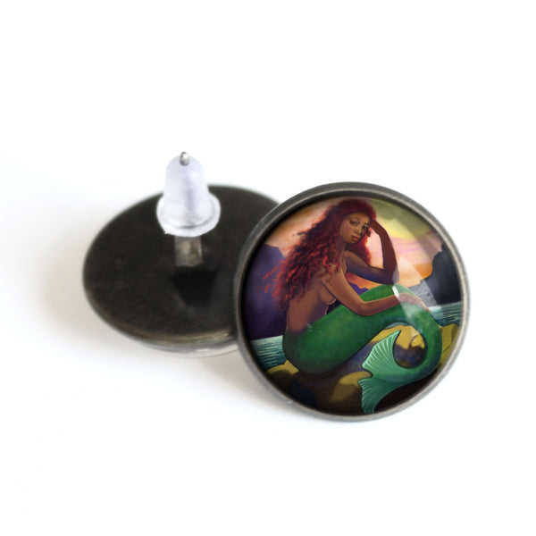 Mermaid with Green Tail Fairytale Inspired Glass Cabochon Stud Earrings