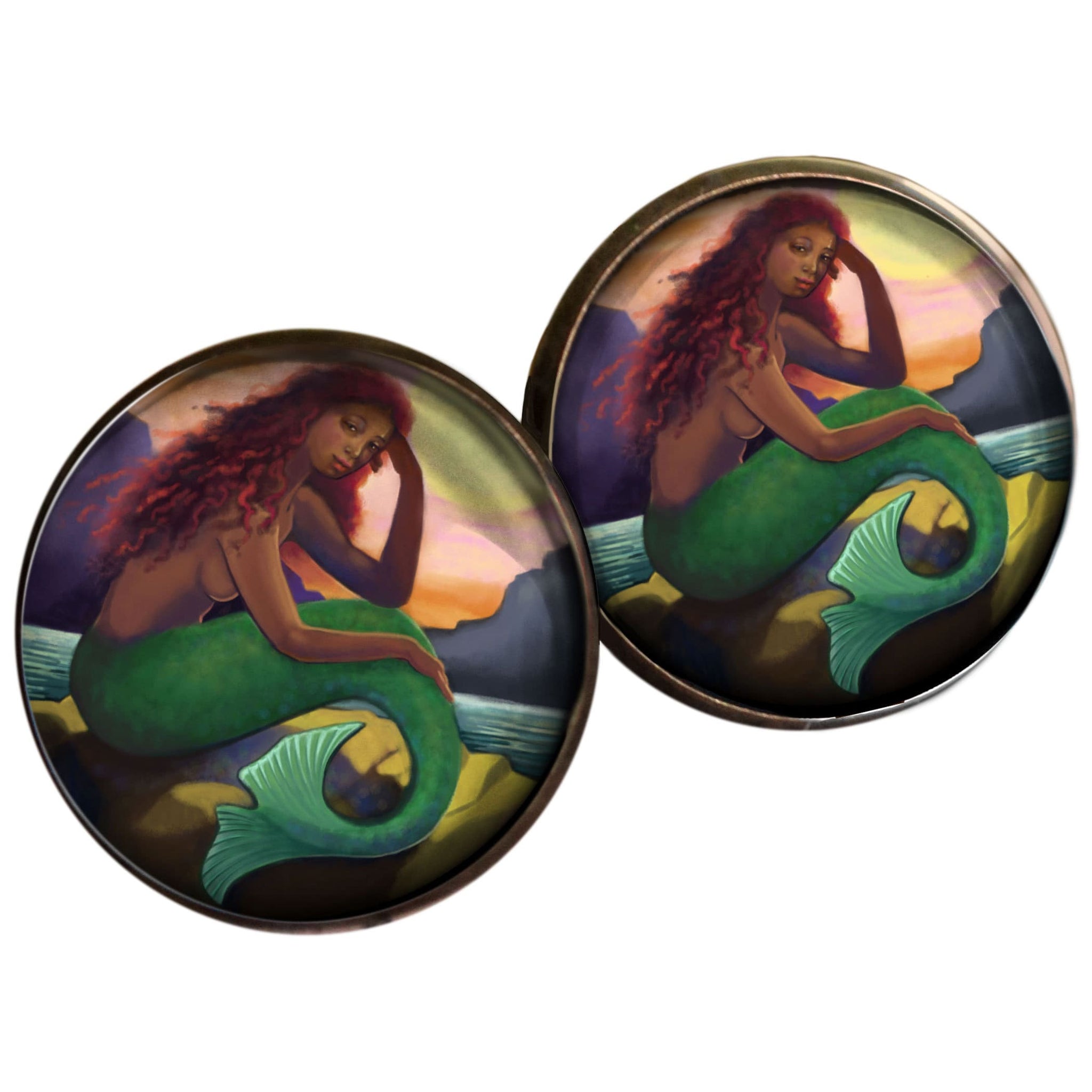 Mermaid with Green Tail Fairytale Inspired Glass Cabochon Stud Earrings