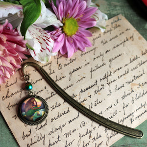 Mermaid with Green Tail Fairytale Inspired Glass Cabochon Brass Book Hook / Bookmark