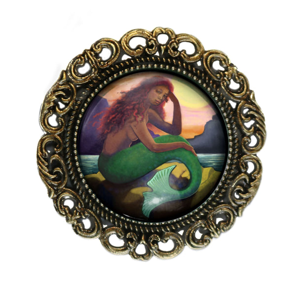 Mermaid with Green Tail Ornate Glass Cabochon and Brass Brooch