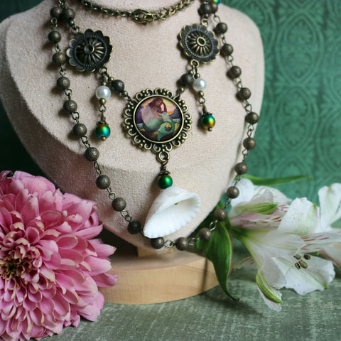 Mermaid with Green Tail Boho Bib Necklace with Shell Accent