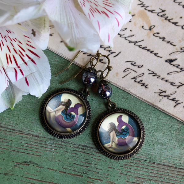 Moonlit Mermaid Under the Stars Vintage Inspired Drop / Dangle Earrings