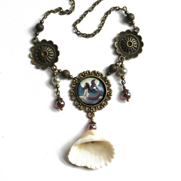 Moonlit Mermaid Under the Stars Boho Bib Necklace with Shell Accent