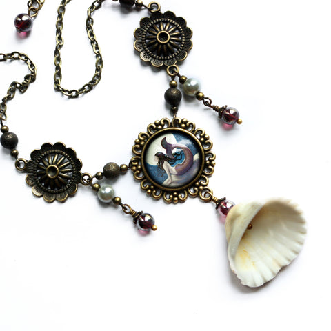 Moonlit Mermaid Under the Stars Boho Bib Necklace with Shell Accent