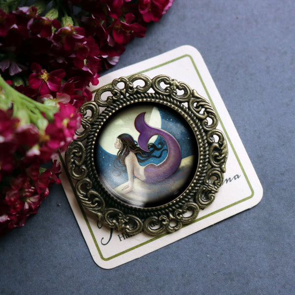 Moonlit Mermaid Under the Stars Ornate Glass Cabochon and Brass Brooch