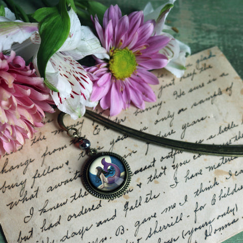 Moonlit Mermaid Under the Stars Glass Cabochon Brass Book Hook / Bookmark