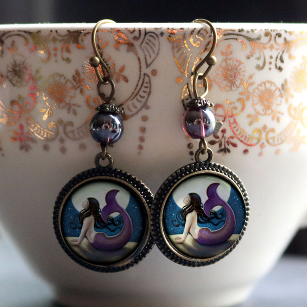 Moonlit Mermaid Under the Stars Vintage Inspired Drop / Dangle Earrings