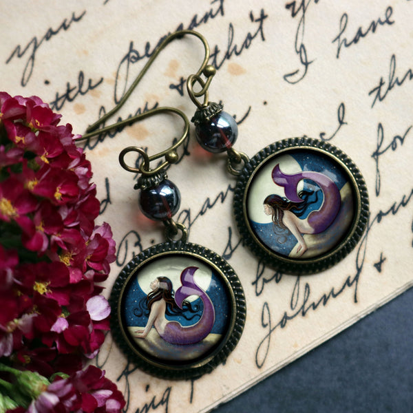 Moonlit Mermaid Under the Stars Vintage Inspired Drop / Dangle Earrings