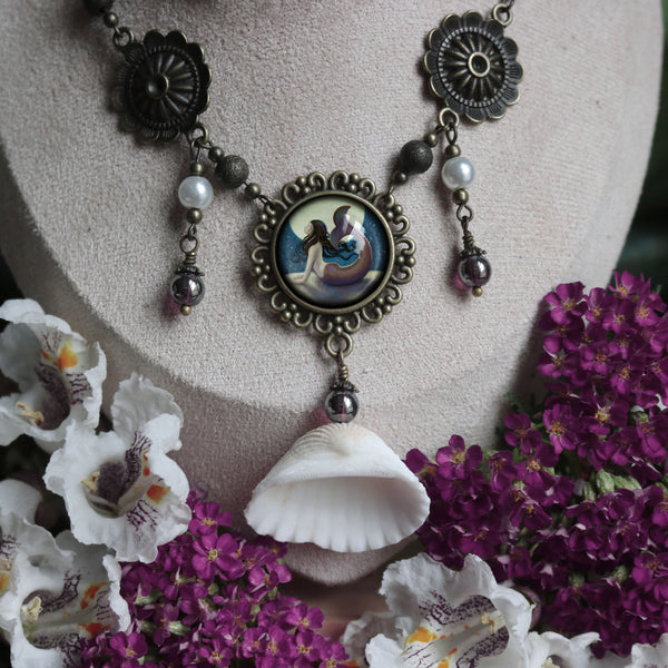 Moonlit Mermaid Under the Stars Boho Bib Necklace with Shell Accent