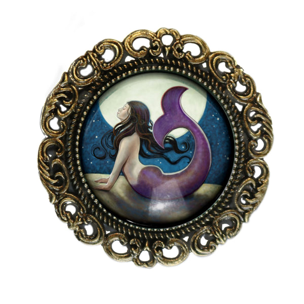 Moonlit Mermaid Under the Stars Ornate Glass Cabochon and Brass Brooch