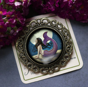 Moonlit Mermaid Under the Stars Ornate Glass Cabochon and Brass Brooch