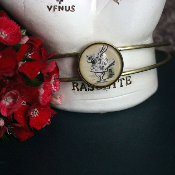 Alice in Wonderland White Rabbit Adjustable Charm Bracelet / Bangle in Antique Brass